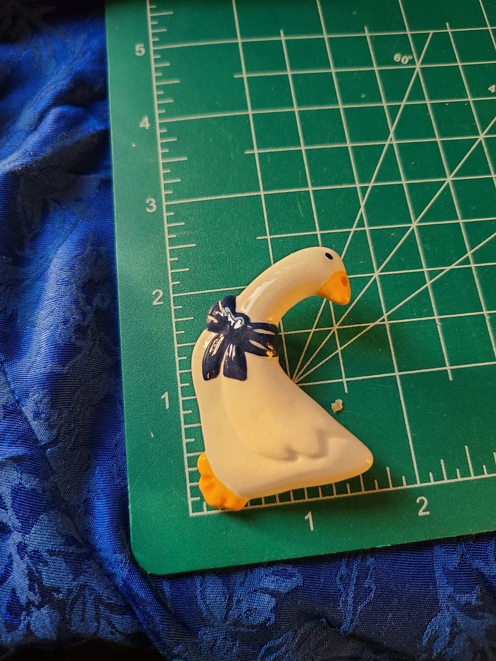 Vintage White Goose Brooch with Navy Bow and Yellow Beak